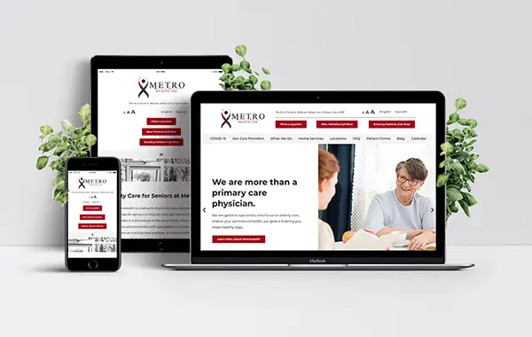 MetroHealth Website Mockup on a Desktop, mobile and tablet