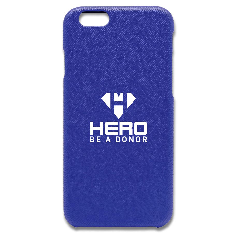 Hero Donor Card: Blue back phone case with Hero logo in white