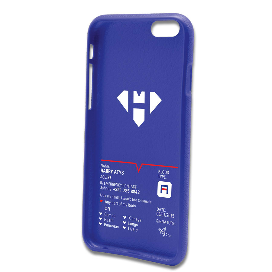 Hero Donor Card: Blue inside phone case with the person's information