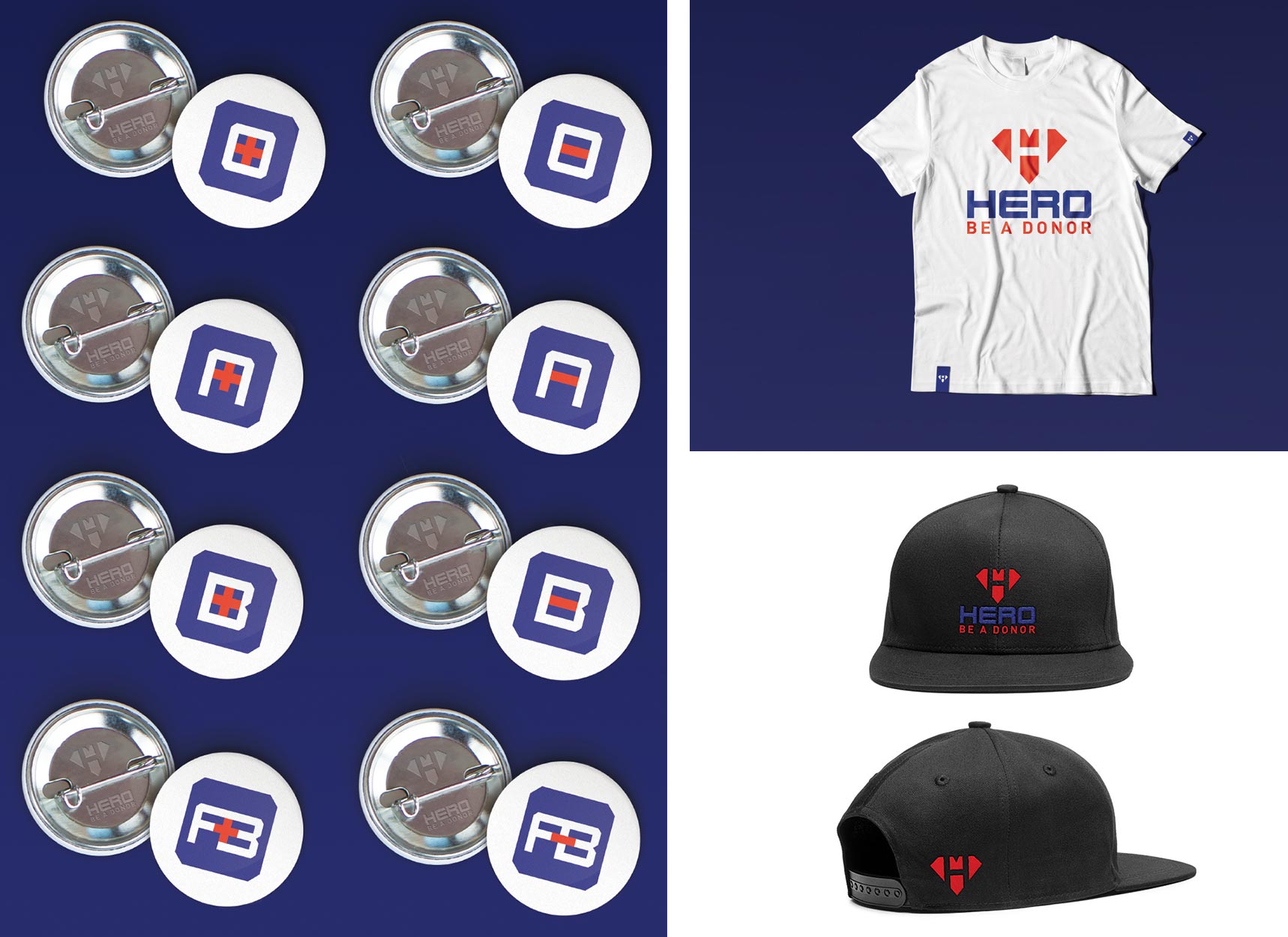 Hero Supporting Elements: Buttons with type blood, T-shirt Hero Mockup, Cap front and side view