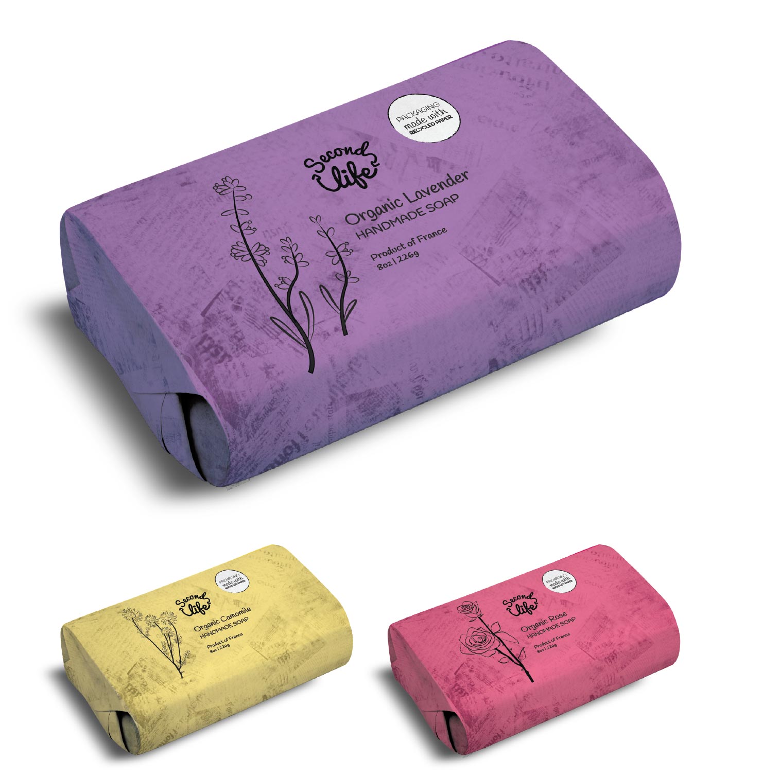 Second Life: Lavender, camomile, and rose packaging bar soap