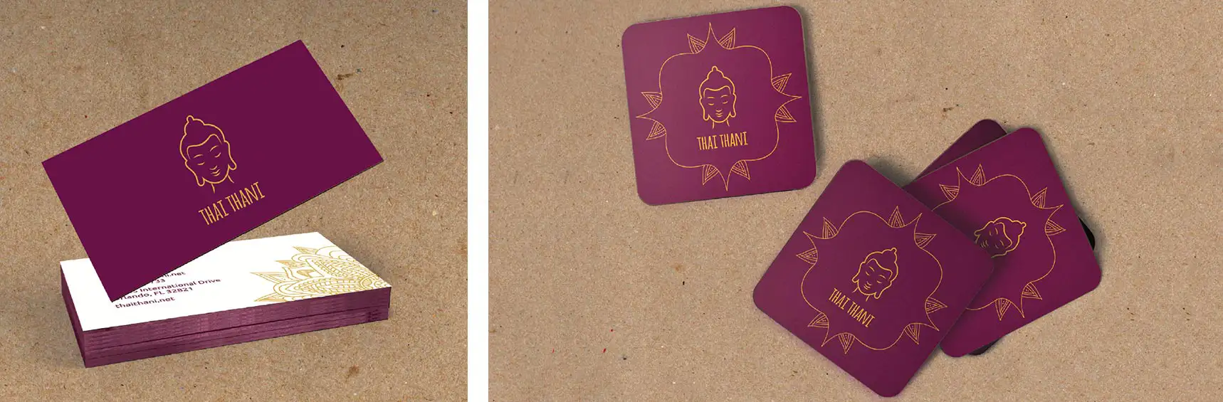 Thai Thani Restaurant business card and Coasters Mockup