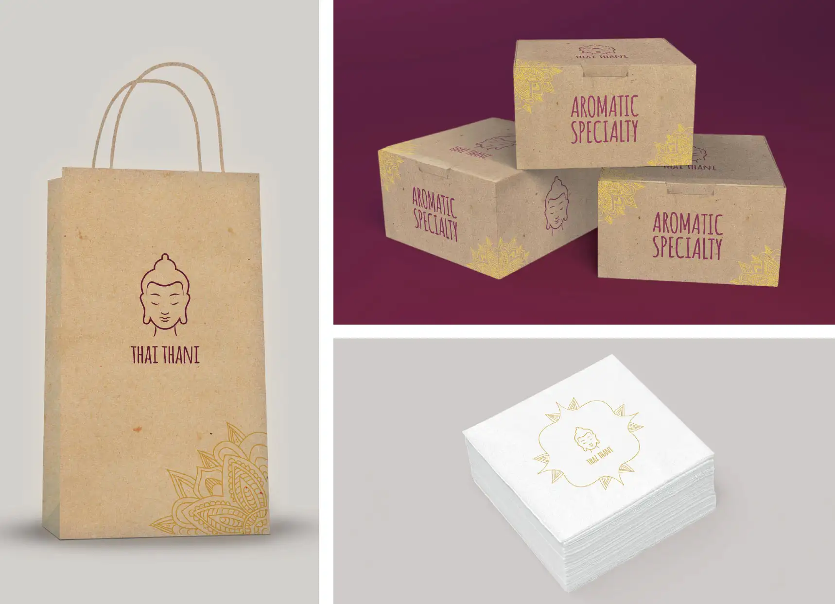 Thai Thani Restaurant paper bag, small box and napkins Mockup